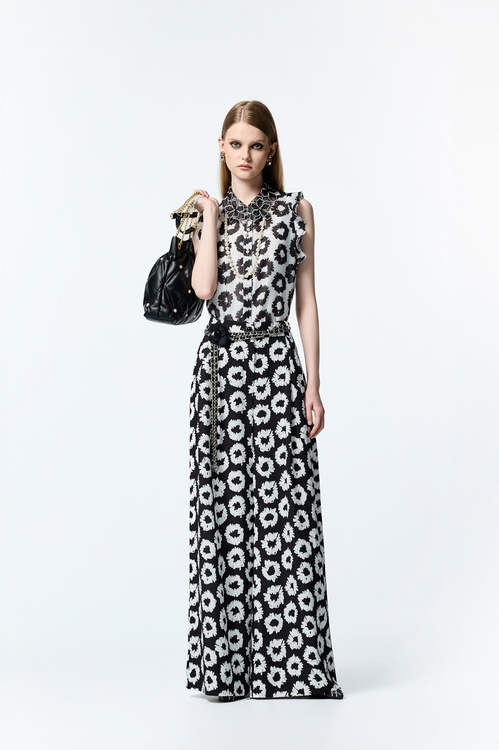 黑白手繪花打摺寬褲,黑色長褲