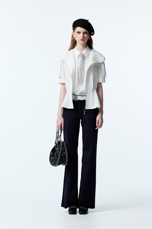 海軍藍鑲撞色邊長褲,喇叭褲