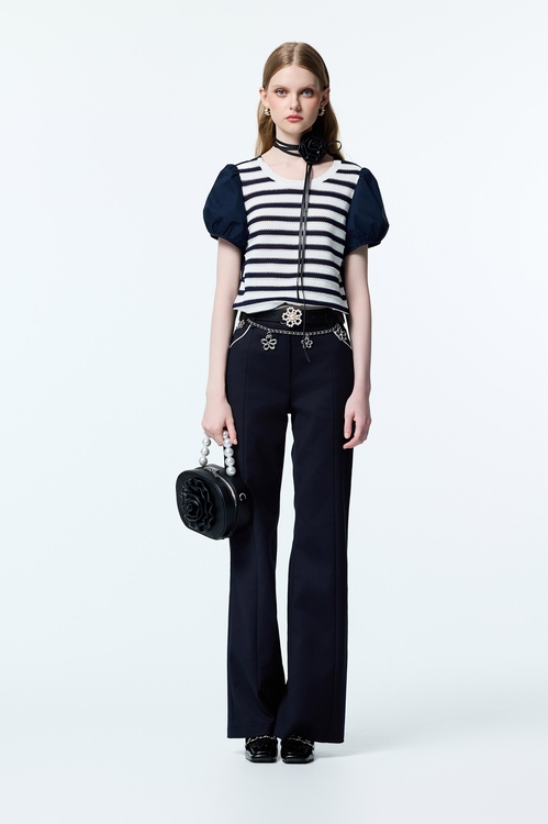 海軍藍鑲撞色邊長褲,喇叭褲