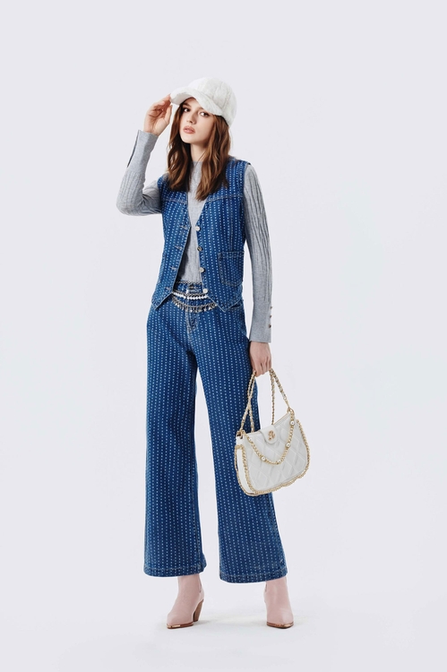 光澤感點點覆膜牛仔褲,牛仔褲