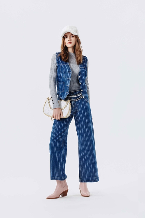 光澤感點點覆膜牛仔褲,牛仔褲