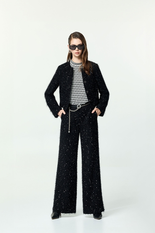 花呢崁亮片羽毛紗小香直筒褲,黑色褲子