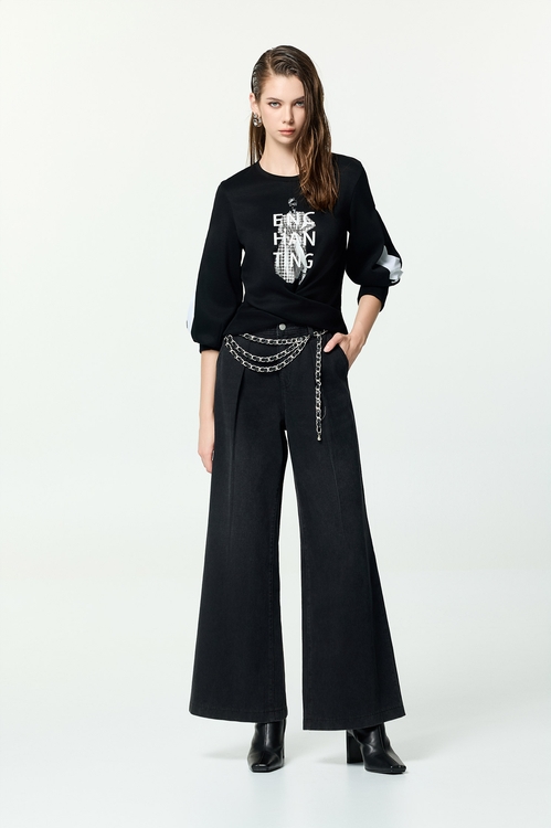 刷色牛仔打褶大寬褲,牛仔褲