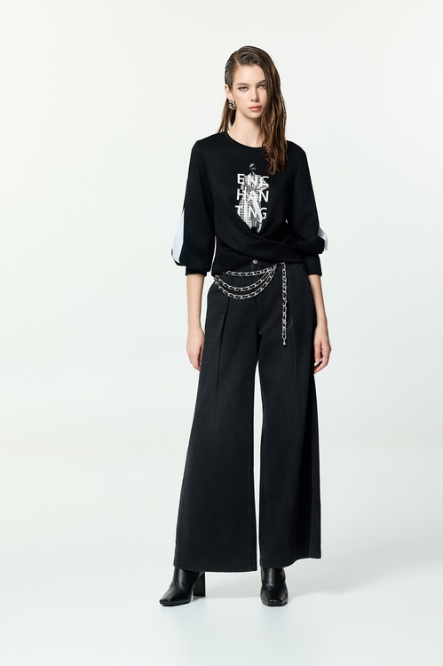 刷色牛仔打褶大寬褲,牛仔褲