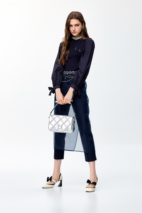 口袋鑲冰綠色邊線長褲,窄管褲,褲子