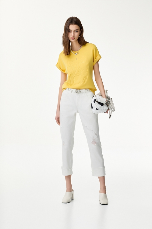 奶白色刷破設計反摺牛仔褲,白色褲子