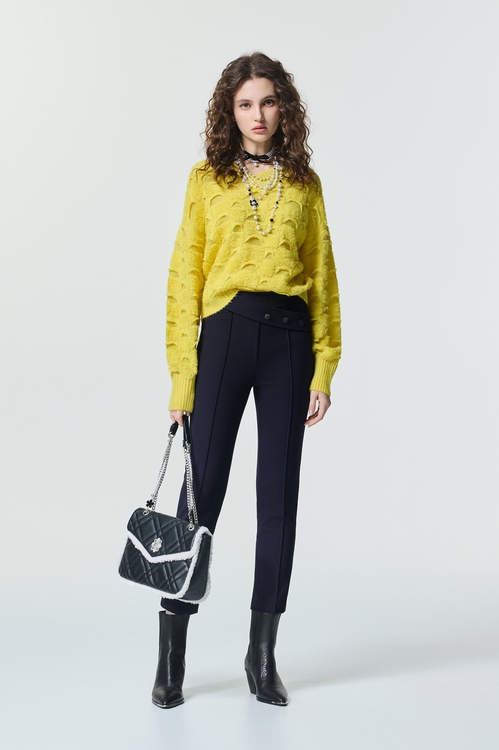 造型腰頭海軍藍合身褲,窄管褲,褲子