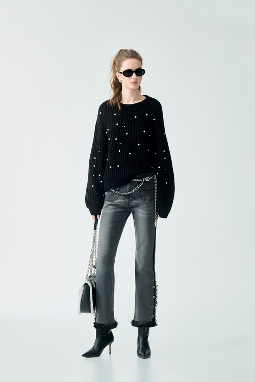 灰黑洗色流蘇織帶彈性九分褲,牛仔褲