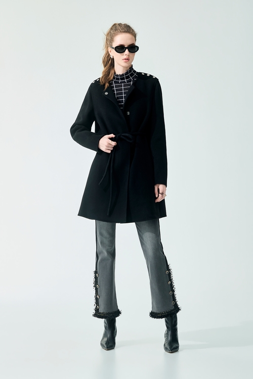 灰黑洗色流蘇織帶彈性九分褲,牛仔褲