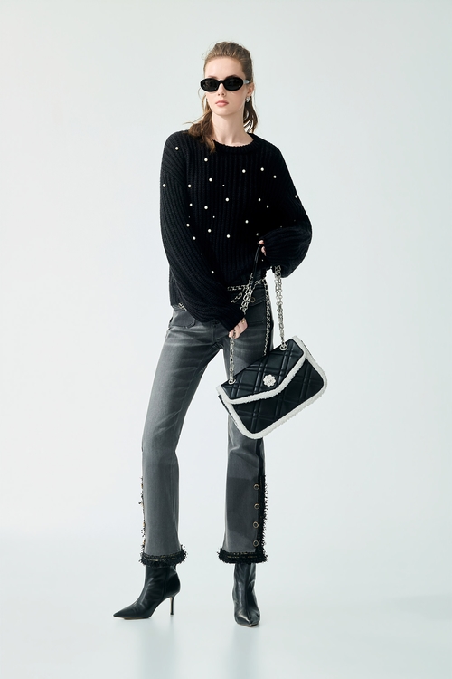 灰黑洗色流蘇織帶彈性九分褲,牛仔褲