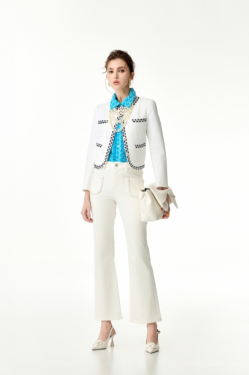 麻花裝飾牛仔長褲,白色褲子