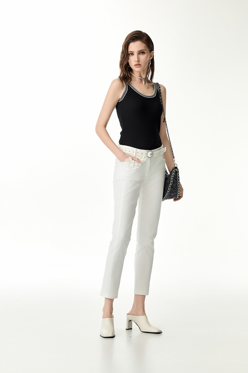 立體小白花8分窄管褲,窄管褲,褲子