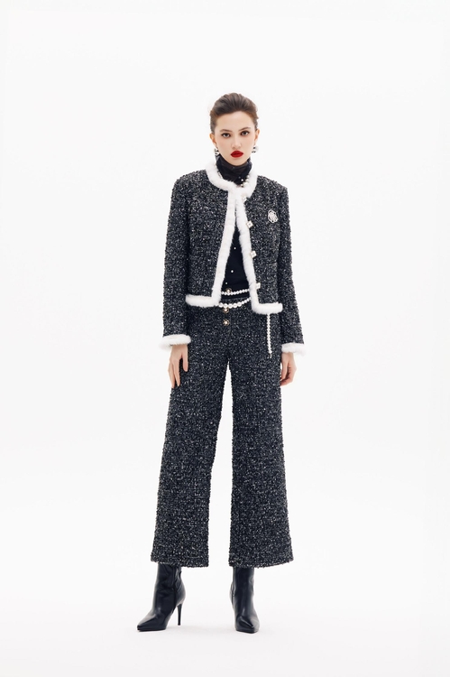 花呢紗崁亮片八分褲,寬褲,褲子