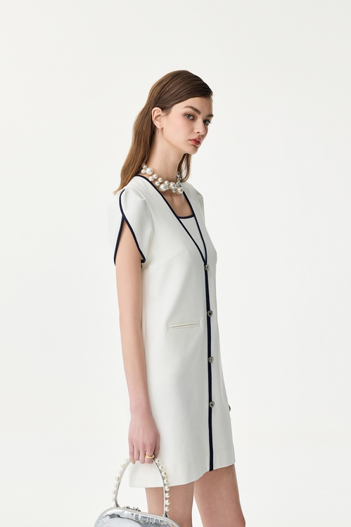 亮白色小香風飾邊洋裝,小香風洋裝