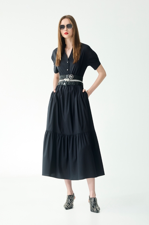 合摺式短袖彈性襯衫長洋裝,長洋裝