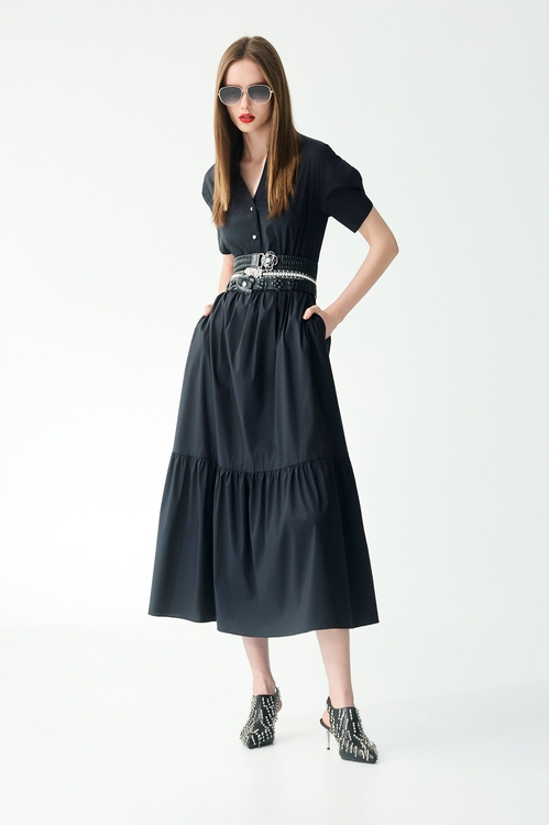 合摺式短袖彈性襯衫長洋裝,長洋裝