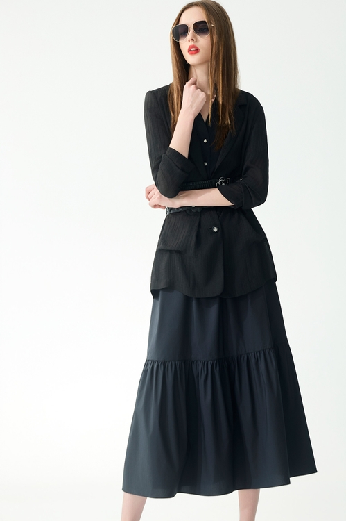 合摺式短袖彈性襯衫長洋裝,長洋裝