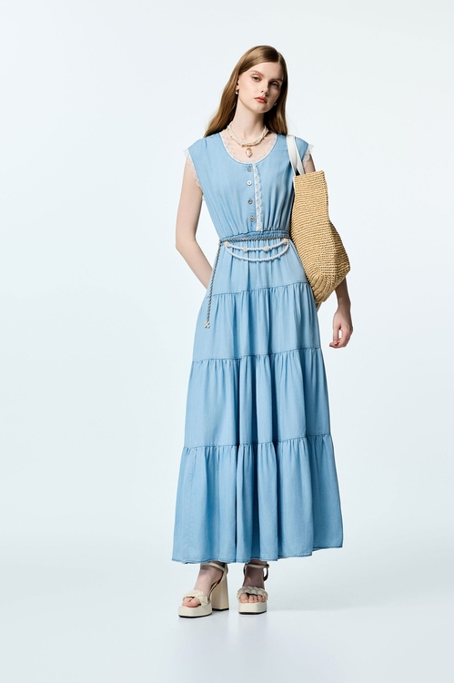 綴蕾絲天絲棉洋裝,牛仔,洋裝