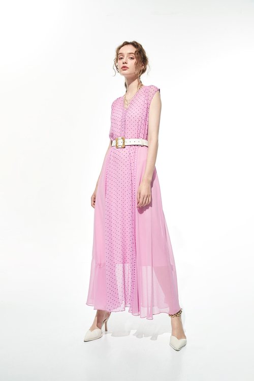 粉紫小雛菊印花長洋裝,雪紡洋裝