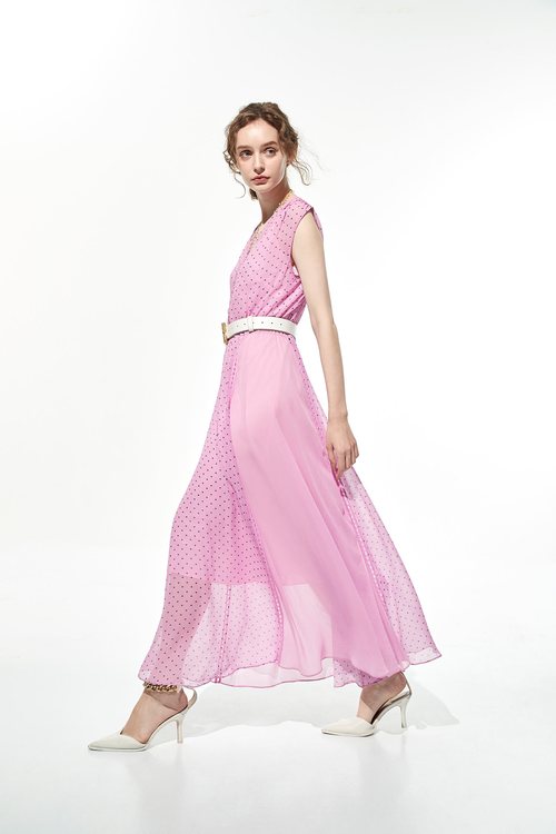 粉紫小雛菊印花長洋裝,雪紡洋裝