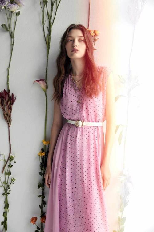 粉紫小雛菊印花長洋裝,雪紡洋裝