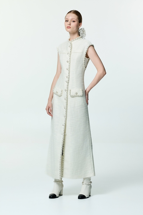 手工珍珠鑽飾花呢紗禮服式洋裝,小禮服