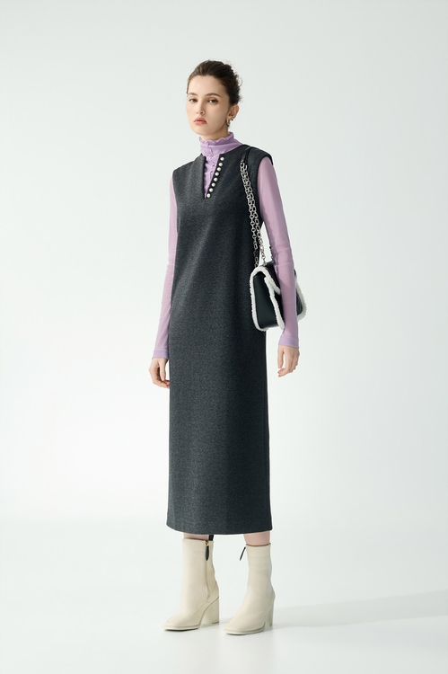 珍珠領邊長版洋裝,短袖洋裝