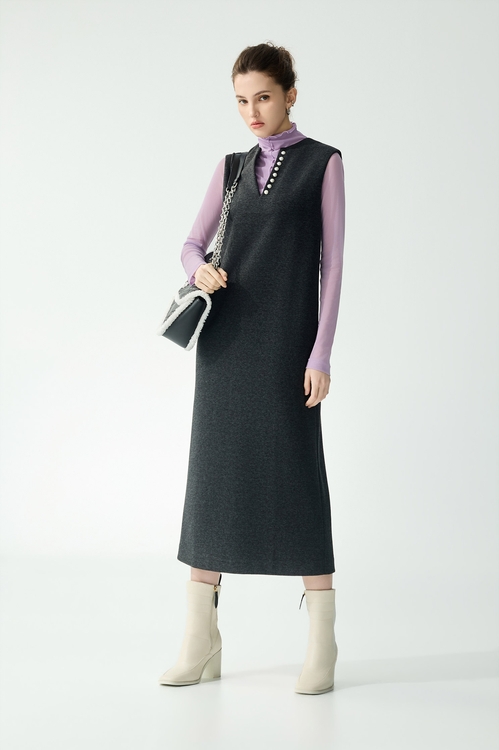 珍珠領邊長版洋裝,短袖洋裝