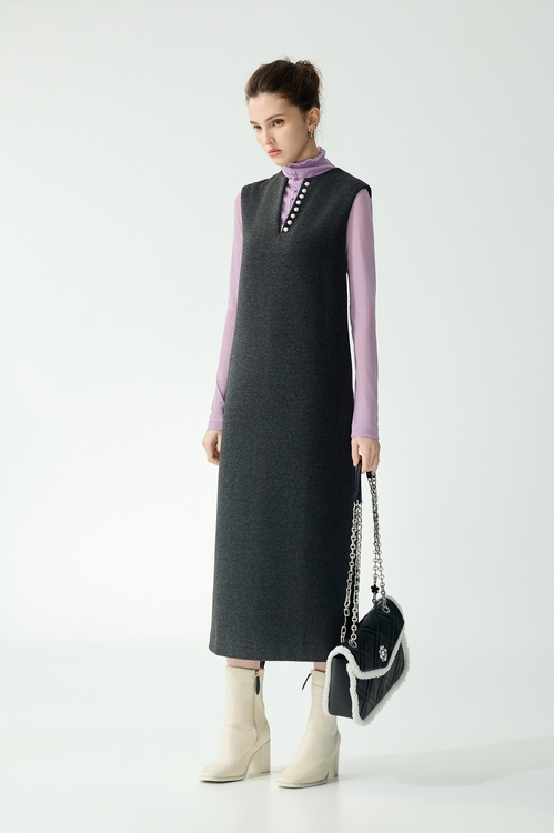 珍珠領邊長版洋裝,短袖洋裝