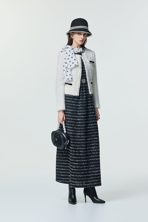 高領帶子紗花呢女神長洋裝,長洋裝