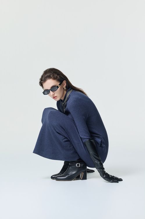 復古藍針織長洋裝,長洋裝