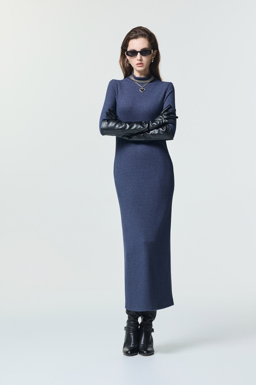 復古藍針織長洋裝,長洋裝