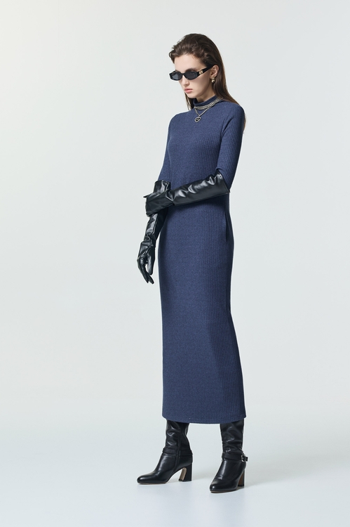 復古藍針織長洋裝,長洋裝