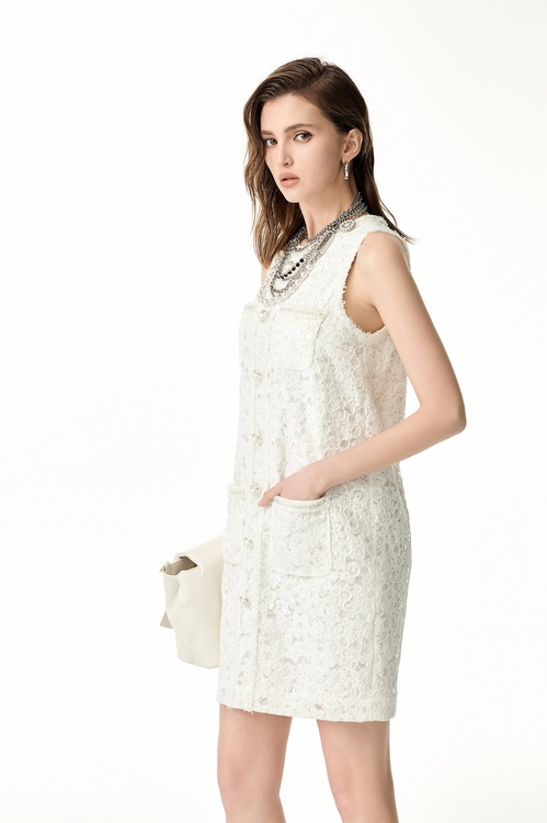 奶油白亮片蕾絲無袖短洋裝,短袖洋裝