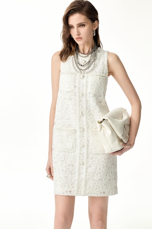 奶油白亮片蕾絲無袖短洋裝,短袖洋裝