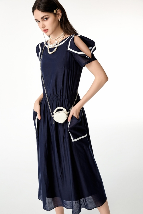 暮色藍都市度假洋裝,短袖洋裝