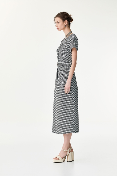 彈性格子開襟式長洋裝,長洋裝