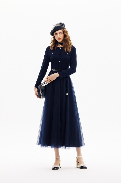 濃厚靛藍網紗洋裝,長裙