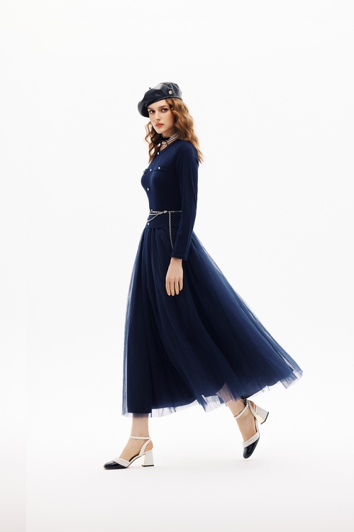 濃厚靛藍網紗洋裝,長裙