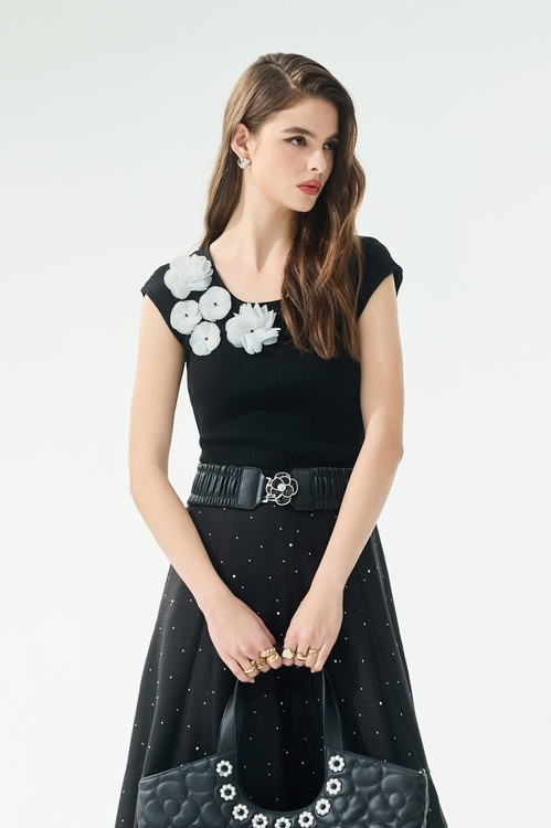 黑白配色立體花朵針織單品,一般背心馬甲