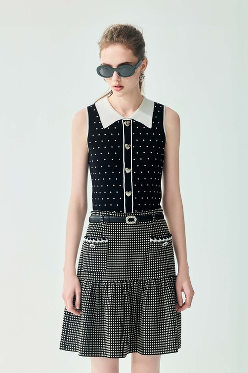 黑白配色燙鑽針織背心,一般背心馬甲