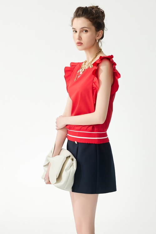 紅梅色花邊羅紋上衣,一般背心馬甲