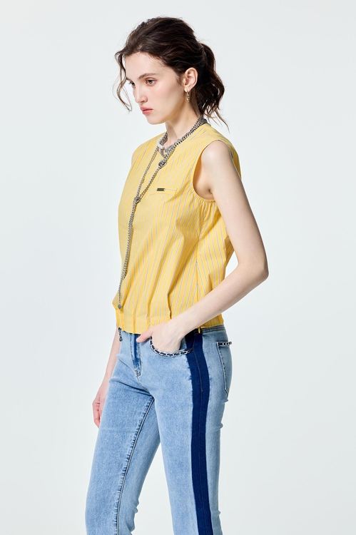 黃條襯衫下擺打折背心,無袖上衣