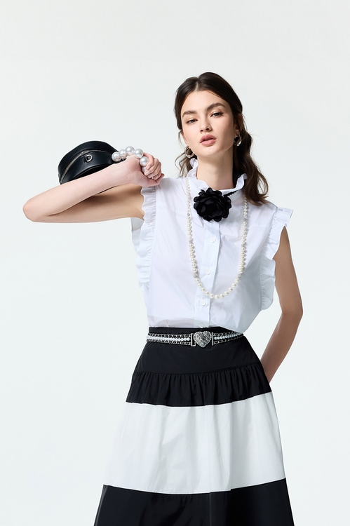花朵別針式荷葉襯衫背心,無袖上衣