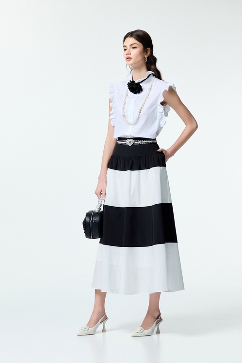 花朵別針式荷葉襯衫背心,無袖上衣