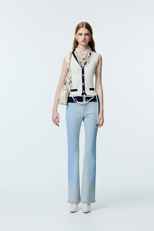 水手藍小香風鑲邊針織背心,V領背心