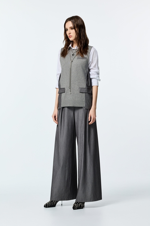 薄暮灰異材質拼接上衣,無袖背心