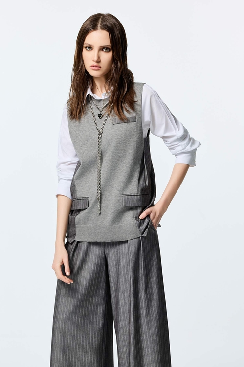 薄暮灰異材質拼接上衣,無袖背心