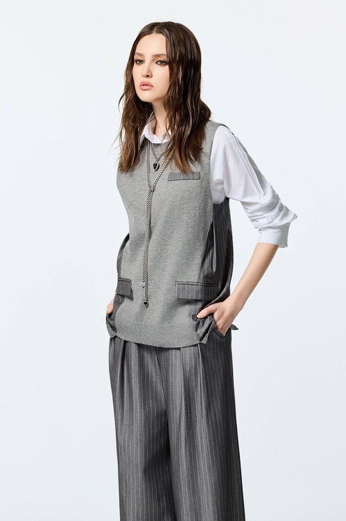 薄暮灰異材質拼接上衣,無袖背心