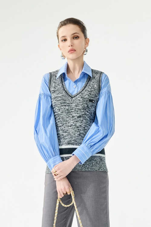 靜謐灰崁色邊針織背心,一般背心馬甲